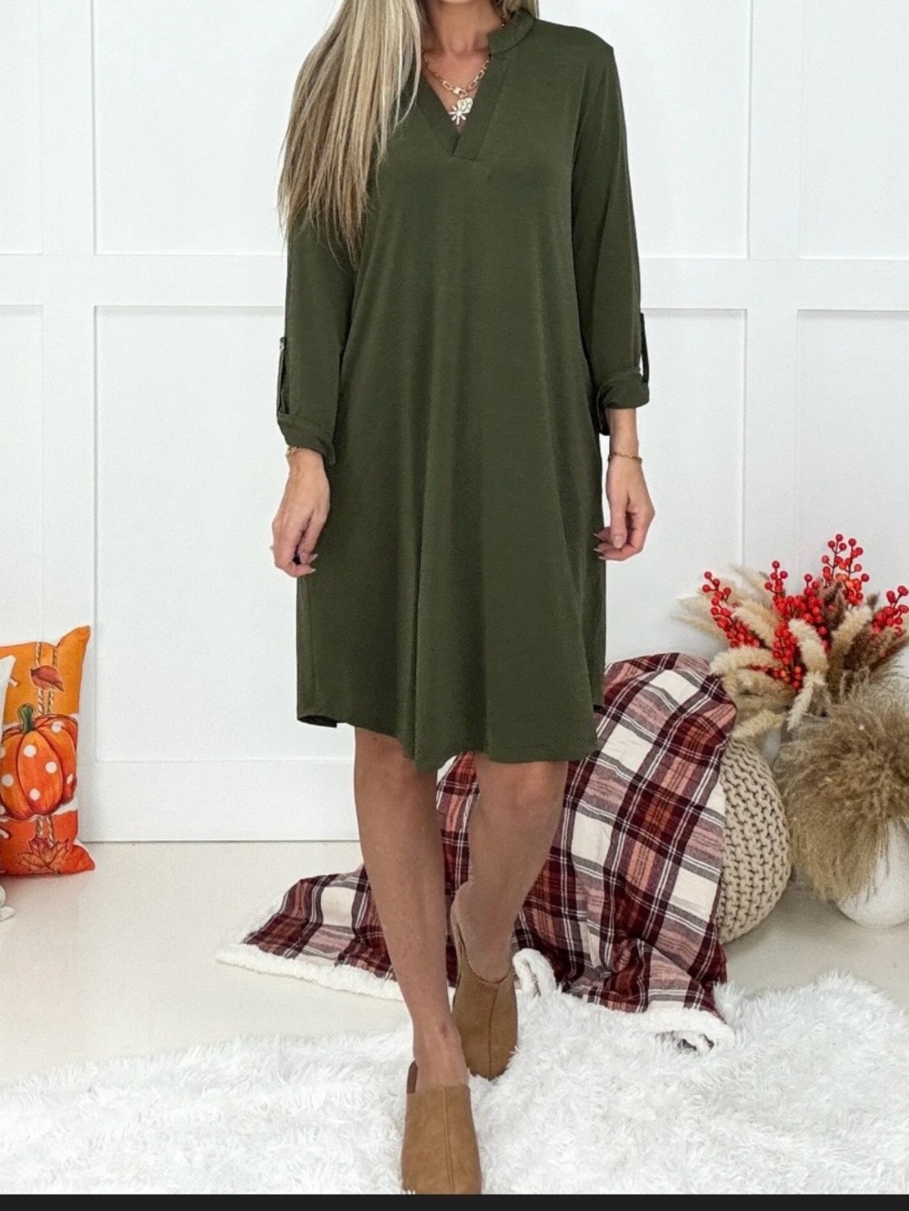 Classic V-Neck Long Sleeve Dress in Olive Green